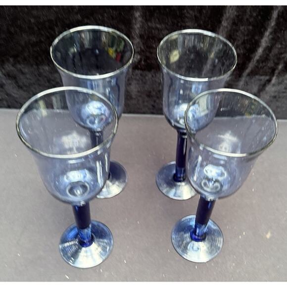4 Beautiful Handblown Long Stem Wine Goblets Blue Dark Blue Stems 9" Tall - Picture 8 of 10